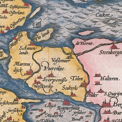 Mapa antiguo de Zelanda por Ortelius, 1584: Rotterdam, Amberes, Delft, Tritón, veleros