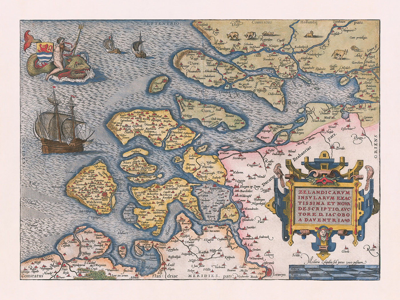 Mapa antiguo de Zelanda por Ortelius, 1584: Rotterdam, Amberes, Delft, Tritón, veleros