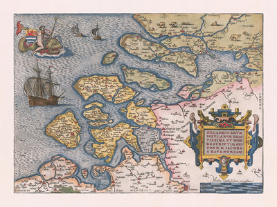 Mapa antiguo de Zelanda por Ortelius, 1584: Rotterdam, Amberes, Delft, Tritón, veleros