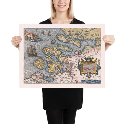 Mapa antiguo de Zelanda por Ortelius, 1584: Rotterdam, Amberes, Delft, Tritón, veleros