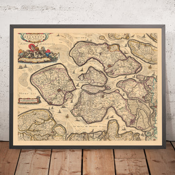Mapa antiguo de Zelanda por Visscher, 1690: Terneuzen, Vlissingen, Bergen op Zoom, Goes, Middelburg