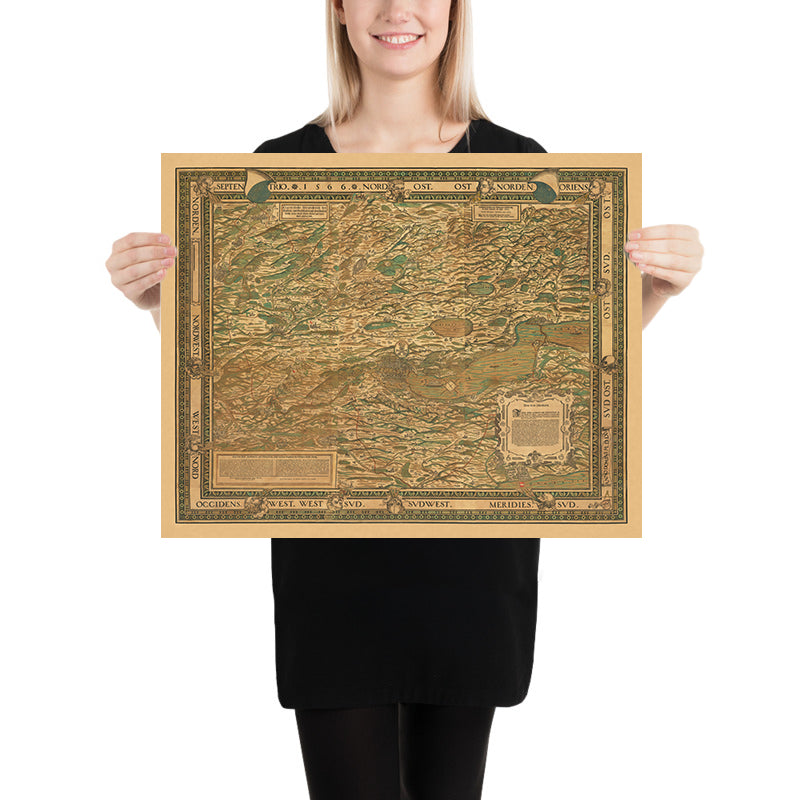 Antigua Mapa a Color del Cantón de Zúrich por Murer, 1566: Winterthur, Lago de Zúrich, Montañas 