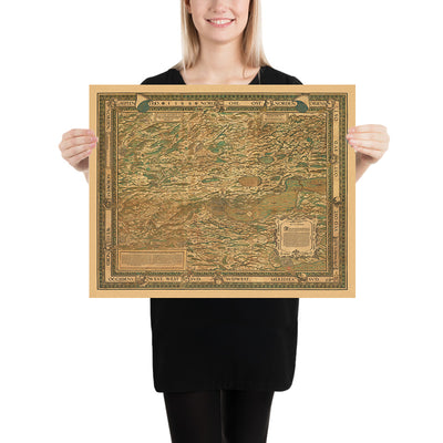 Antigua Mapa a Color del Cantón de Zúrich por Murer, 1566: Winterthur, Lago de Zúrich, Montañas 