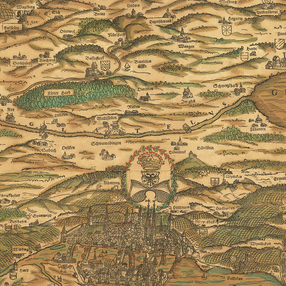 Antigua Mapa a Color del Cantón de Zúrich por Murer, 1566: Winterthur, Lago de Zúrich, Montañas 