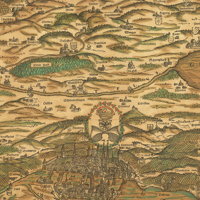 Antigua Mapa a Color del Cantón de Zúrich por Murer, 1566: Winterthur, Lago de Zúrich, Montañas 