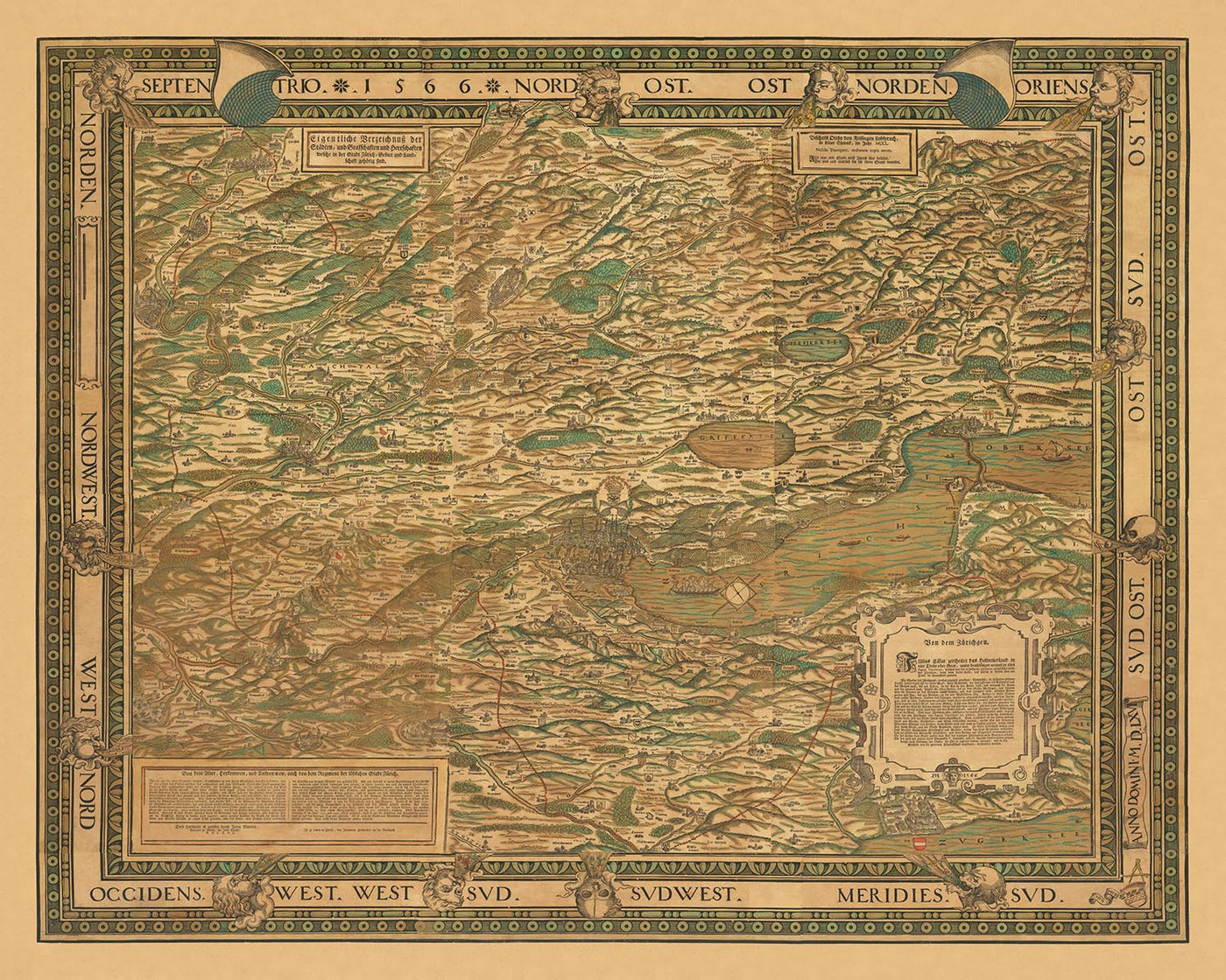 Antigua Mapa a Color del Cantón de Zúrich por Murer, 1566: Winterthur, Lago de Zúrich, Montañas 