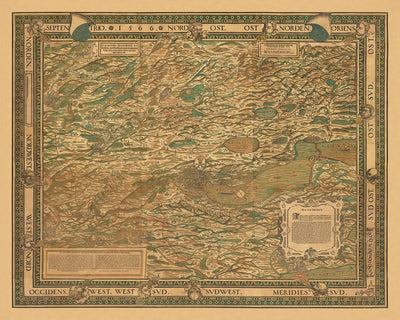 Antigua Mapa a Color del Cantón de Zúrich por Murer, 1566: Winterthur, Lago de Zúrich, Montañas 