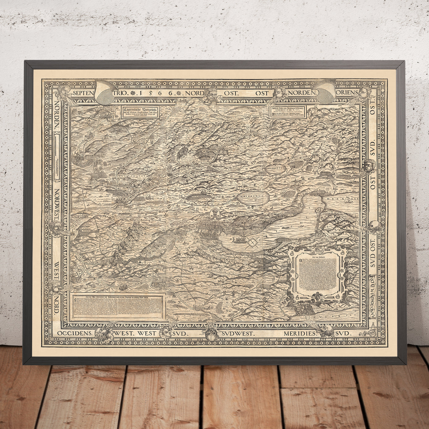 Ancienne carte monochrome du canton de Zurich par Murer, 1566 : Winterthur, lac de Zurich, montagnes 