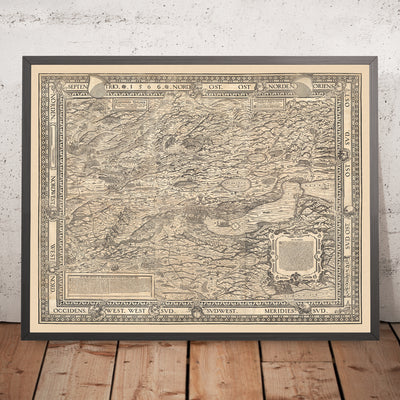 Ancienne carte monochrome du canton de Zurich par Murer, 1566 : Winterthur, lac de Zurich, montagnes 