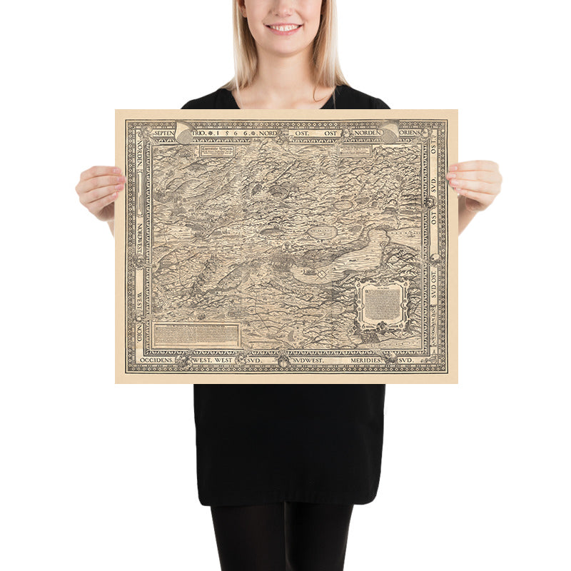 Mappa monocromatica antica del Canton di Zurigo di Murer, 1566: Winterthur, Lago di Zurigo, Montagne 