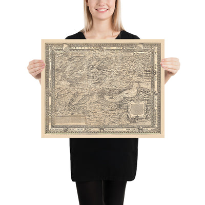 Ancienne carte monochrome du canton de Zurich par Murer, 1566 : Winterthur, lac de Zurich, montagnes 