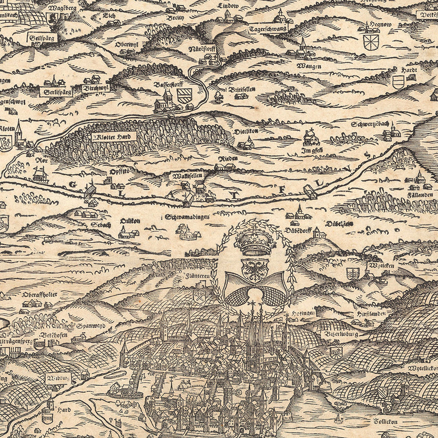 Mappa monocromatica antica del Canton di Zurigo di Murer, 1566: Winterthur, Lago di Zurigo, Montagne 