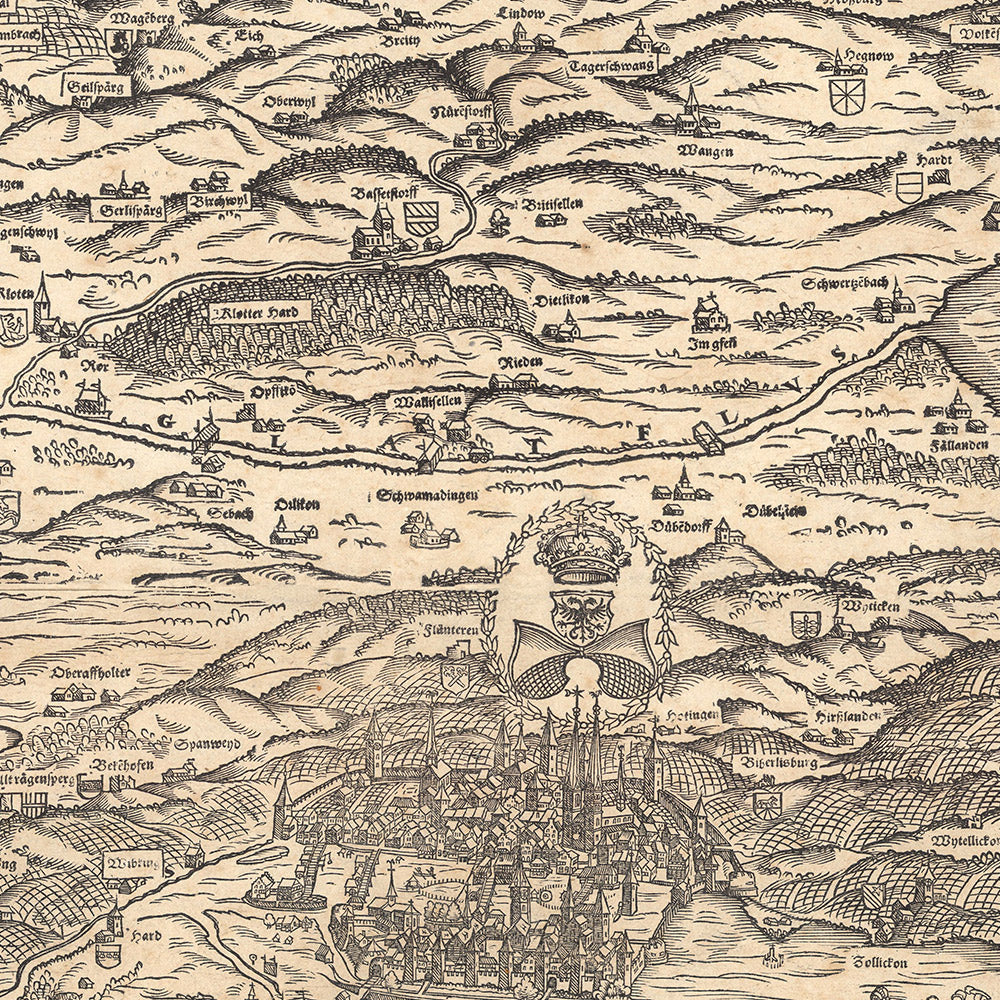 Ancienne carte monochrome du canton de Zurich par Murer, 1566 : Winterthur, lac de Zurich, montagnes 
