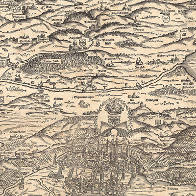 Ancienne carte monochrome du canton de Zurich par Murer, 1566 : Winterthur, lac de Zurich, montagnes 