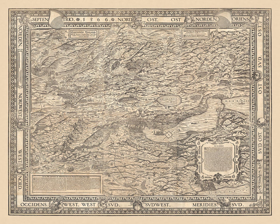 Mappa monocromatica antica del Canton di Zurigo di Murer, 1566: Winterthur, Lago di Zurigo, Montagne 