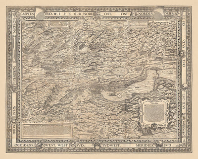 Ancienne carte monochrome du canton de Zurich par Murer, 1566 : Winterthur, lac de Zurich, montagnes 
