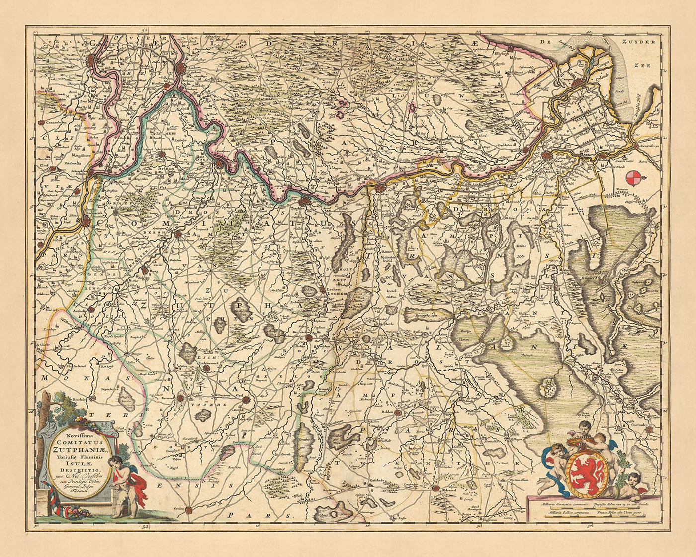 Ancienne carte de Zutphen par Visscher, 1690 : Apeldoorn, Arnhem, Nimègue, Deventer, parc national De Hoge Veluwe