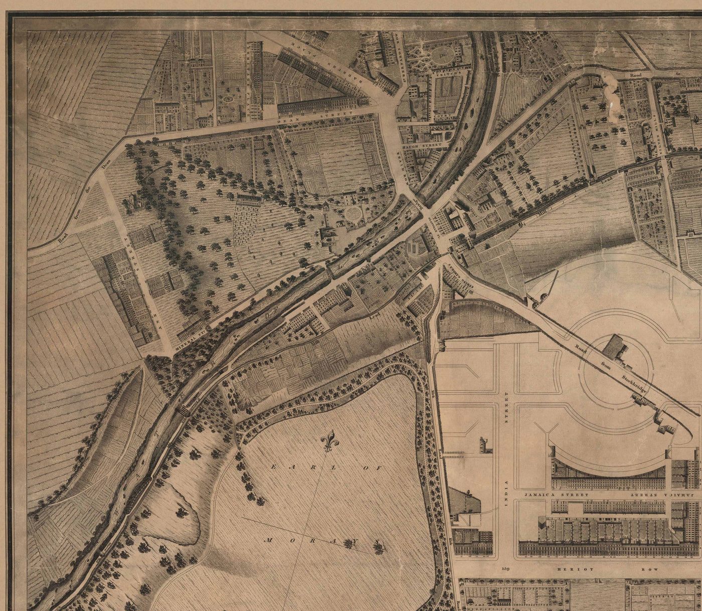 Alte Karte von New Town, Edinburgh im Jahr 1821 von James Kirkwood - Calton Hill, Queen Street, York Place, Prince Street, Great King Street 
