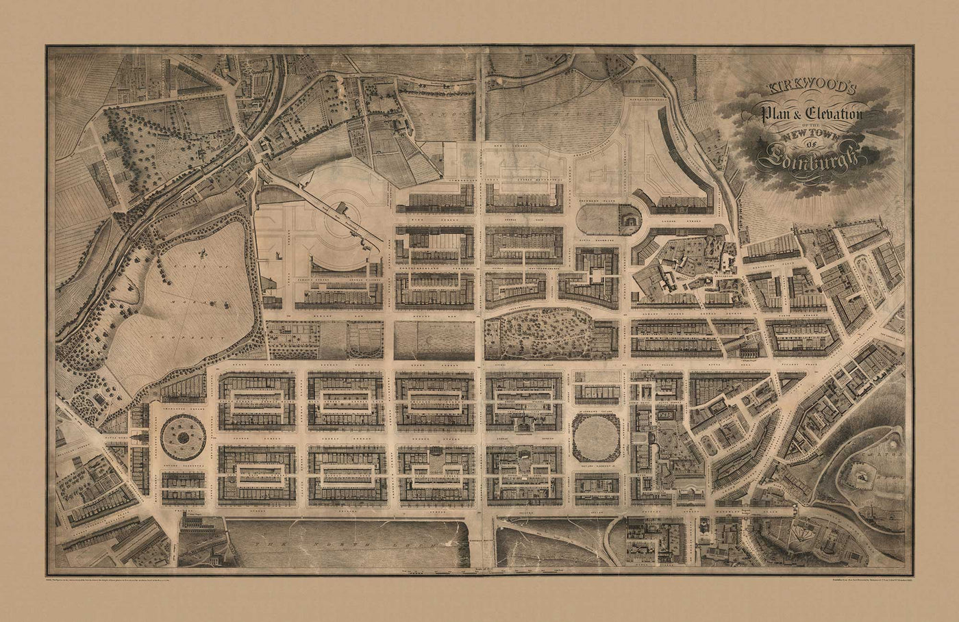 Alte Karte von New Town, Edinburgh im Jahr 1821 von James Kirkwood - Calton Hill, Queen Street, York Place, Prince Street, Great King Street 