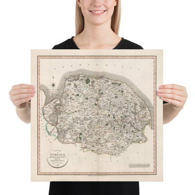 Old Map of Norfolk in 1807 by John Cary - Norwich, Cromer, Great Yarmouth, Thetford, King's Lynn