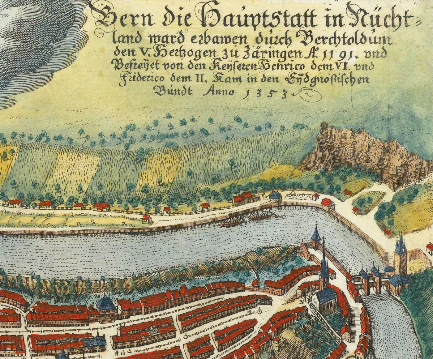 Antiguo mapa de Berna en 1645 por Merian Matthaus - 300 aniversario de la Confederación Helvética