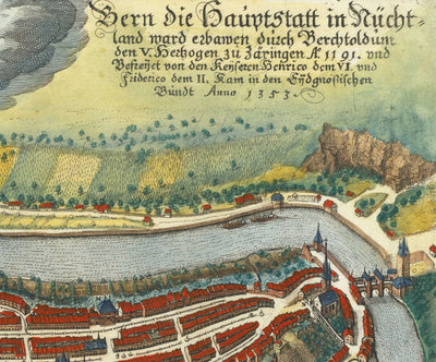 Antiguo mapa de Berna en 1645 por Merian Matthaus - 300 aniversario de la Confederación Helvética