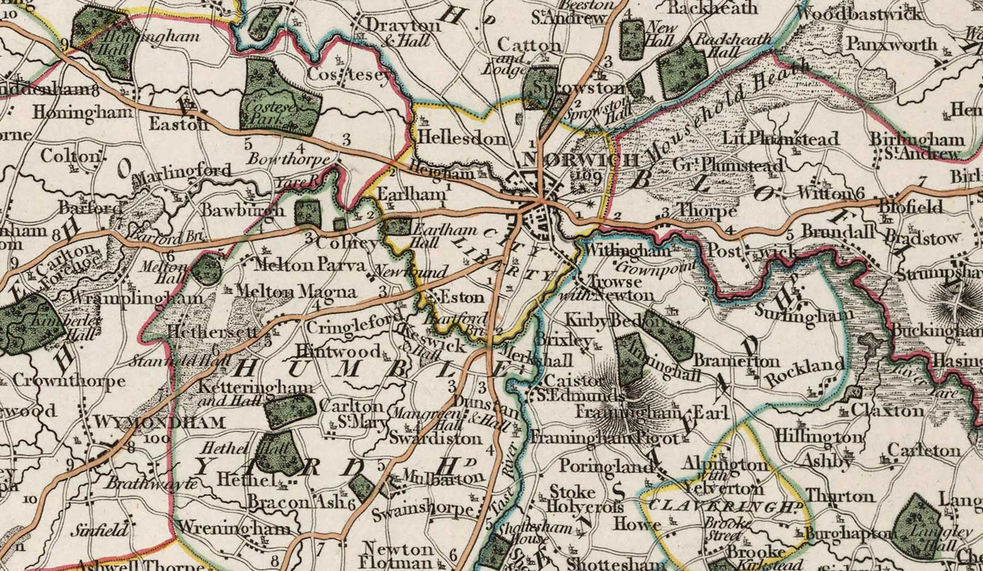 Old Map of Norfolk in 1807 by John Cary - Norwich, Cromer, Great Yarmouth, Thetford, King's Lynn