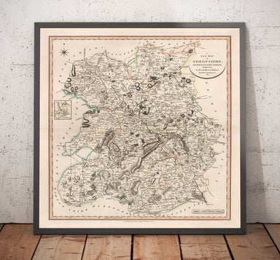 Alte Karte von Shropshire im Jahr 1805 von John Cary - Shrewsbury, Bridgnorth, Ludlow, Ironbridge, Oswestry 