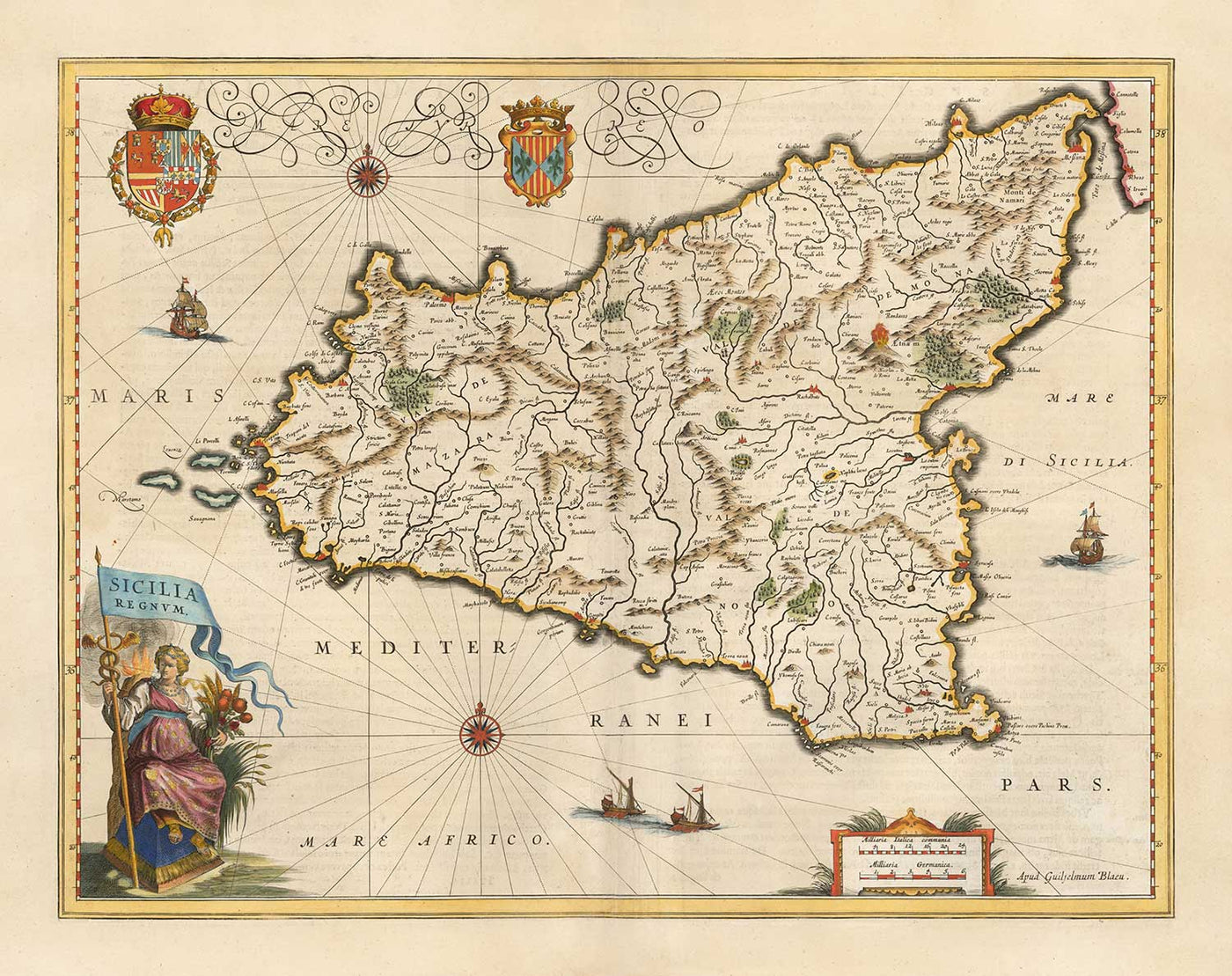Mapa antiguo de Sicilia en 1640 por Willem Blaeu - Palermo, Catania, Marsala, Mediterráneo, Messina