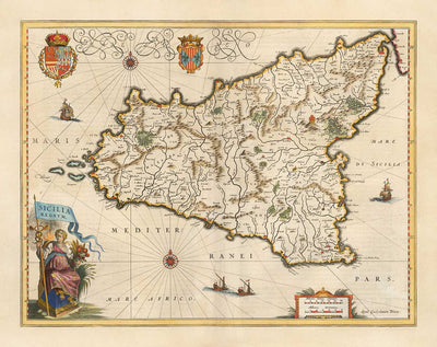 Mapa antiguo de Sicilia en 1640 por Willem Blaeu - Palermo, Catania, Marsala, Mediterráneo, Messina