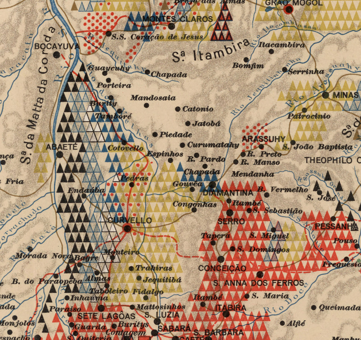 Mapa antiguo de Minas Gerais, Brasil en 1908 - Agricultura, Geología, Rocas, Suelo - Belo Horizonte, Uberlandia, Uberaba, Juiz de Fora, Curvelo