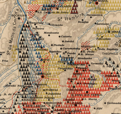 Mapa antiguo de Minas Gerais, Brasil en 1908 - Agricultura, Geología, Rocas, Suelo - Belo Horizonte, Uberlandia, Uberaba, Juiz de Fora, Curvelo