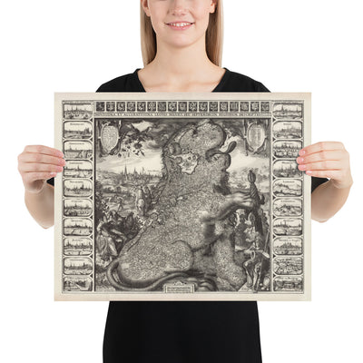 Antiguo mapa Leo Belgicus de los Países Bajos en 1611 por C. Janszoon Visscher - Países Bajos, Bélgica, Bruselas, Amsterdam, Genk