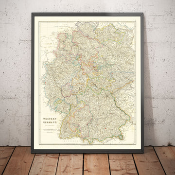 Mappa antica della Germania occidentale di John Arrowsmith nel 1862 - Berlino, Monaco, Stoccarda, Hannover, Norimberga, Francoforte 