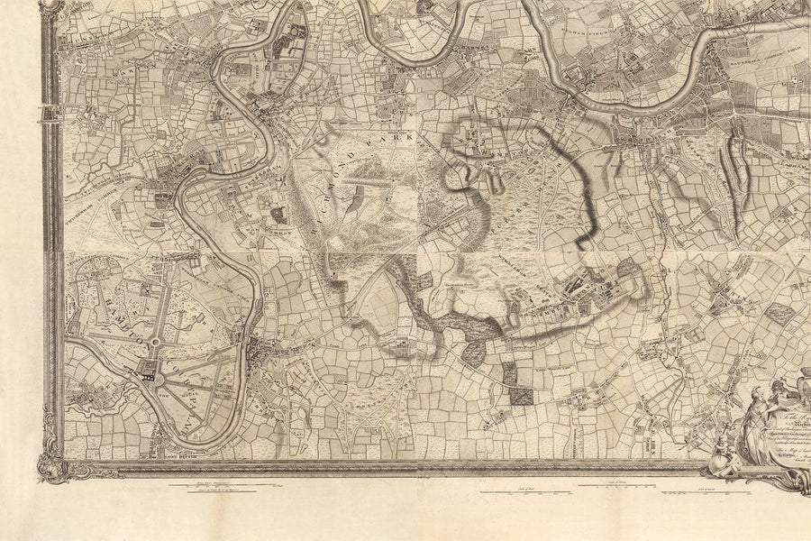 Ancienne carte de Londres en 1746 - 4 parties, panneaux encadrés, sans cadre - John Rocque Quadriptych