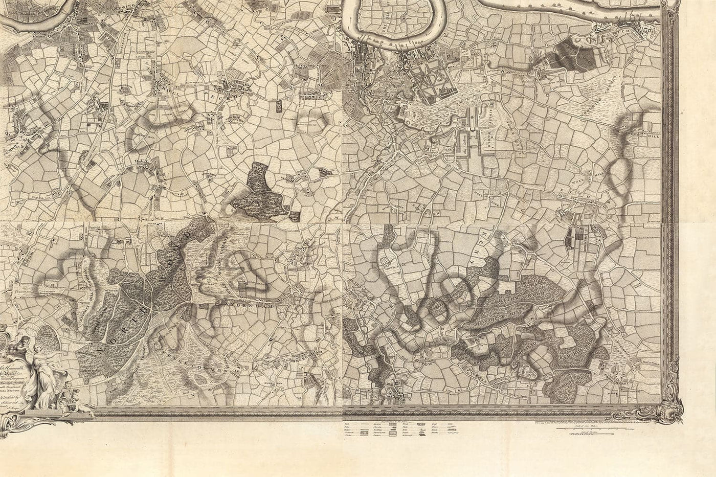 Viejo mapa de Londres en 1746 - 4 partes, paneles enmarcados, sin marco - John Rocque Quadriptych