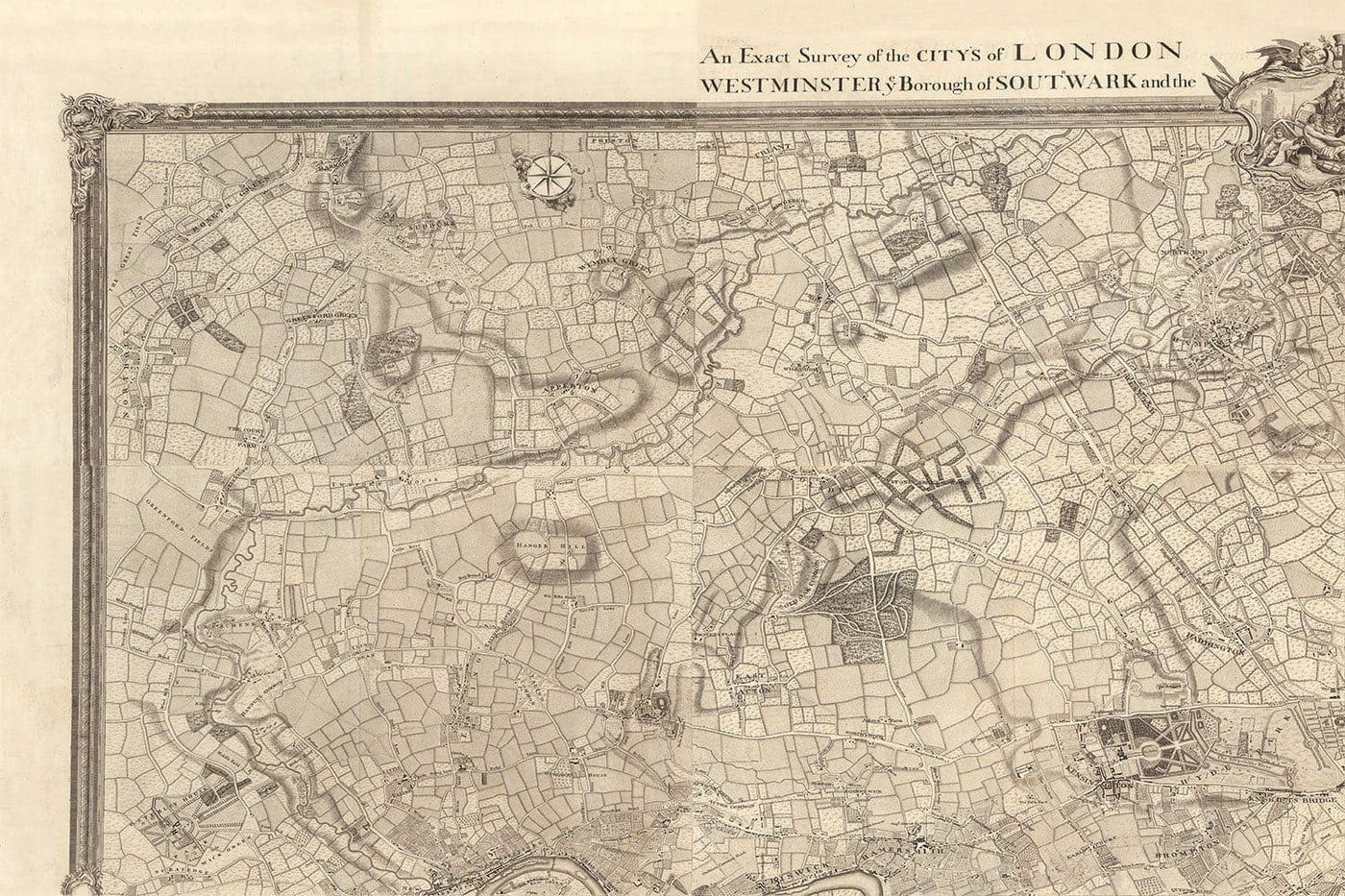 Viejo mapa de Londres en 1746 - 4 partes, paneles enmarcados, sin marco - John Rocque Quadriptych