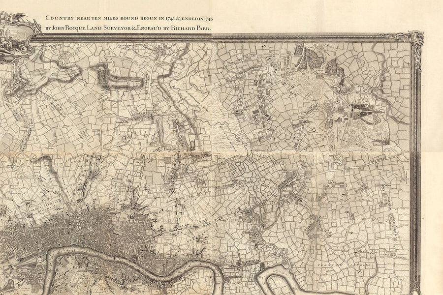 Ancienne carte de Londres en 1746 - 4 parties, panneaux encadrés, sans cadre - John Rocque Quadriptych