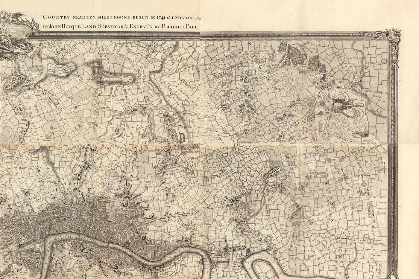 Viejo mapa de Londres en 1746 - 4 partes, paneles enmarcados, sin marco - John Rocque Quadriptych