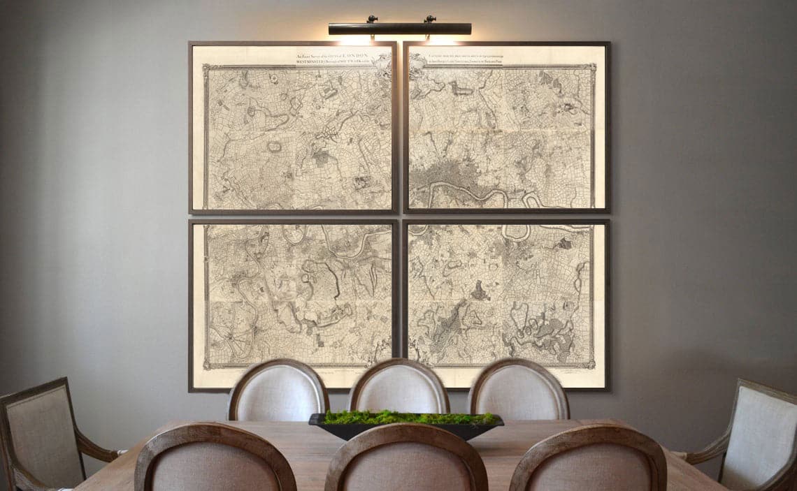 Viejo mapa de Londres en 1746 - 4 partes, paneles enmarcados, sin marco - John Rocque Quadriptych