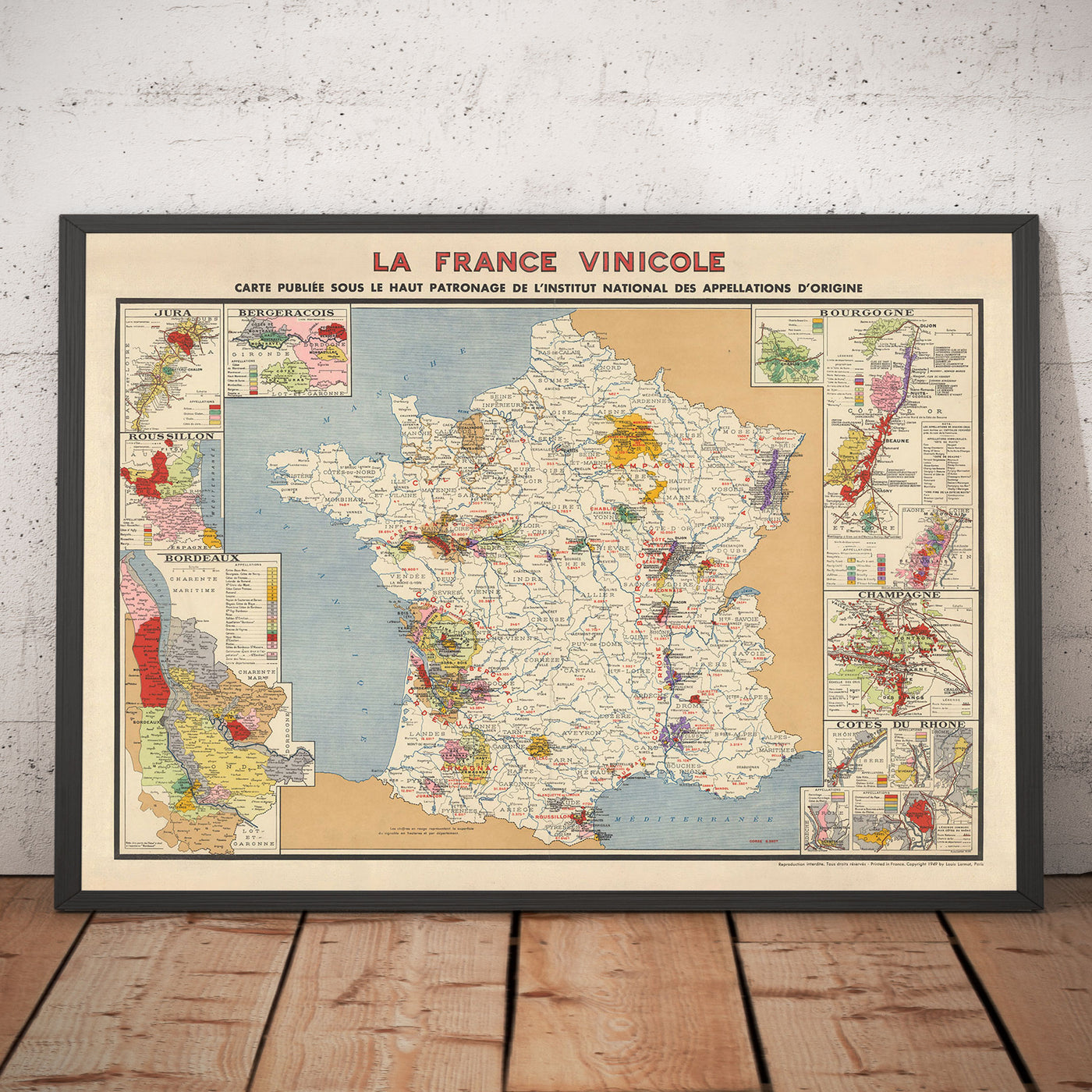 Alte Karte der Weinbaugebiete in Frankreich "La France Vinicole", 1939 - Bordeaux, Bourgogne, Champagne, Côtes Du Rhône, Bergeracois 
