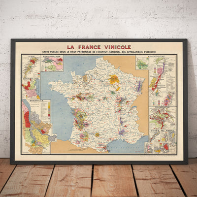 Alte Karte der Weinbaugebiete in Frankreich "La France Vinicole", 1939 - Bordeaux, Bourgogne, Champagne, Côtes Du Rhône, Bergeracois 