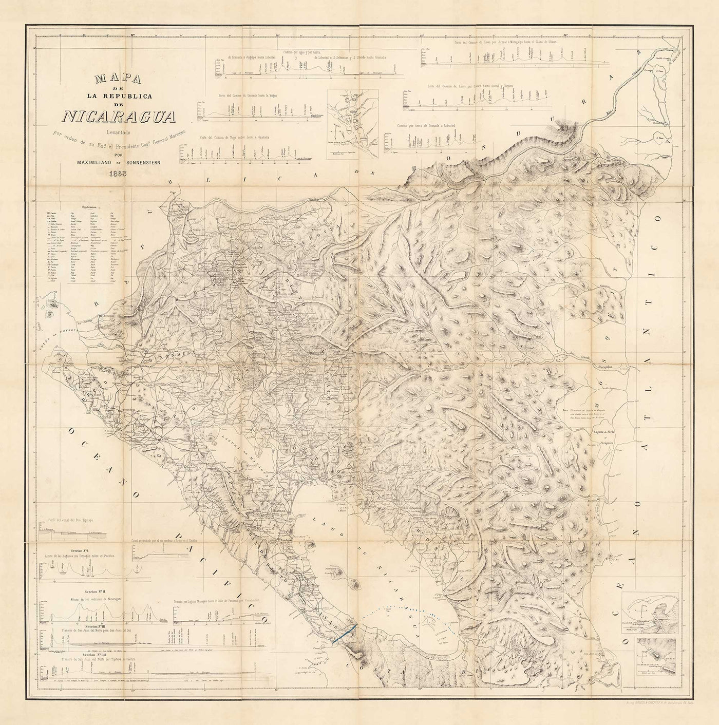 Old Map of Nicaragua in 1863 by Sonnestern - Managua, Leon, Chinandega, Esteli, Lake Nicaragua