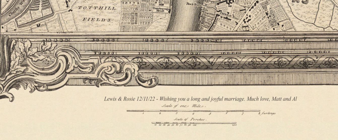 Antiguo mapa de Londres y 10 millas a la redonda, realizado por John Rocque en 1746, en el que aparecen Hackney, Wimbledon, Highgate, Richmond y otros suburbios de Londres