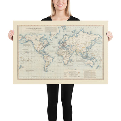 Antiguo mapa del mundo, 1818 por James Wyld - Gráfico que muestra la religión, la población y la civilización de cada país