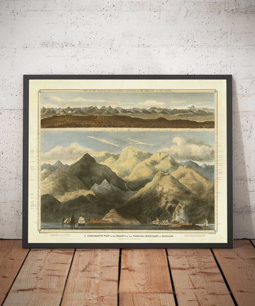 Mappa antica delle colline della Scozia nel 1832 di John Thomson - Le Highlands, Ben Nevis, Loch na Garr, Cairngorms, Ben Macdui, Ben Venue 