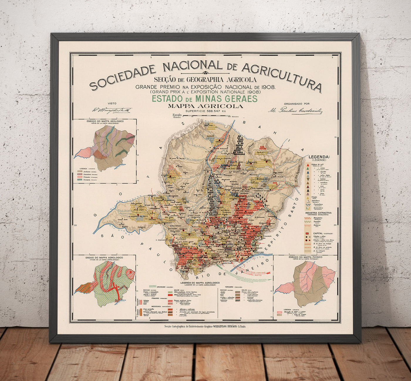 Mapa antiguo de Minas Gerais, Brasil en 1908 - Agricultura, Geología, Rocas, Suelo - Belo Horizonte, Uberlandia, Uberaba, Juiz de Fora, Curvelo