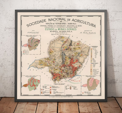 Mapa antiguo de Minas Gerais, Brasil en 1908 - Agricultura, Geología, Rocas, Suelo - Belo Horizonte, Uberlandia, Uberaba, Juiz de Fora, Curvelo