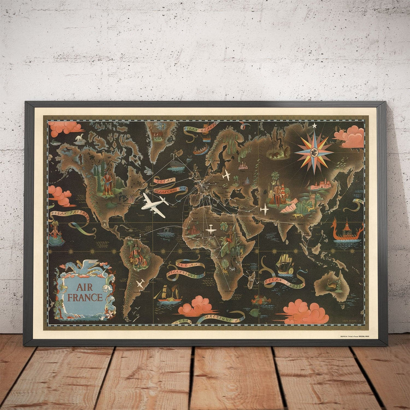 Old Air France World Map, 1947 by Lucien Boucher - Large Aircraft Route Wall Chart - Historical Airline Art