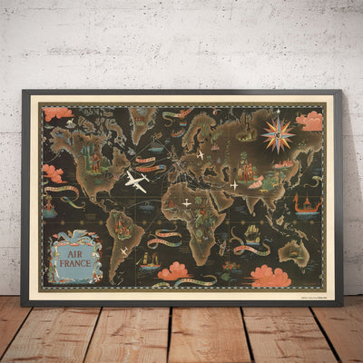 Old Air France World Map, 1947 by Lucien Boucher - Large Aircraft Route Wall Chart - Historical Airline Art